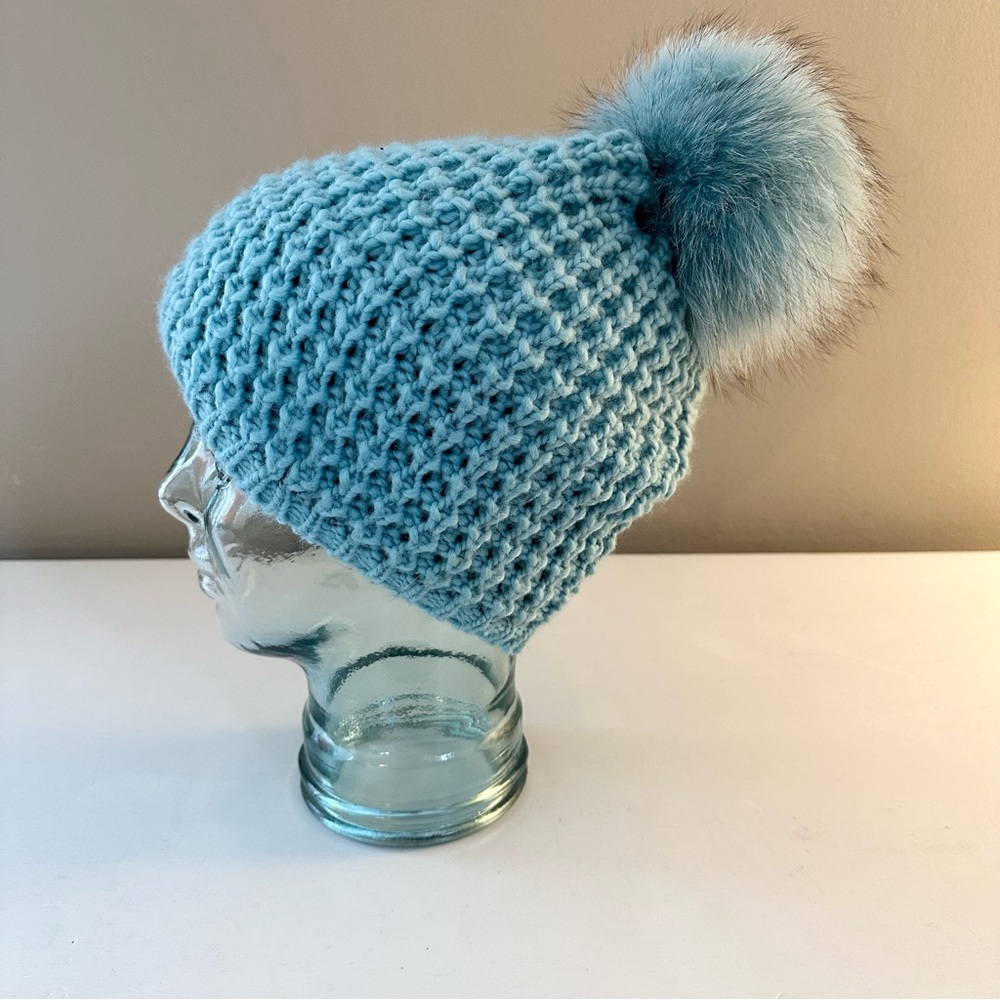 Kyi Kyi Teal Chunky Knit Winter Hat with Rabbit Fur Pompom